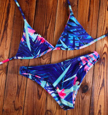 Costum de baie de damă din două piese albastru cu imprimeu floral