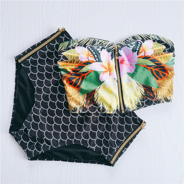 Costum de baie de damă în două părți - bikini cu talie înaltă și bridget cu imprimeu
