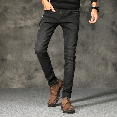 Blugi pentru bărbați de culoare neagră, cu fermoar lateral