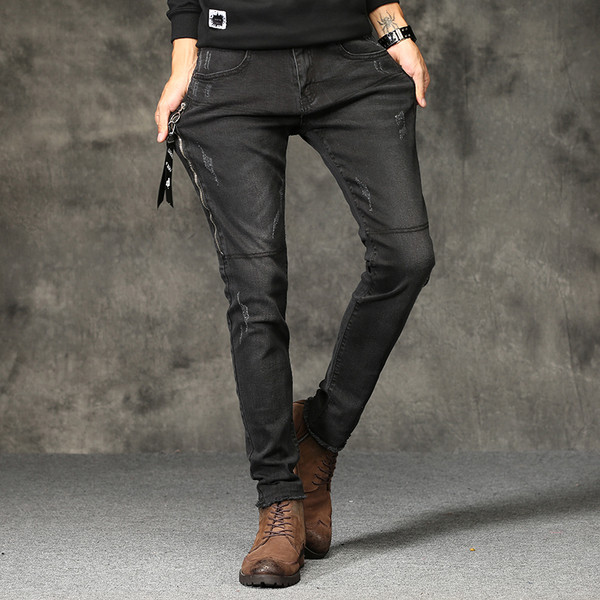 Blugi pentru bărbați de culoare neagră, cu fermoar lateral