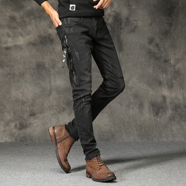 Blugi pentru bărbați de culoare neagră, cu fermoar lateral