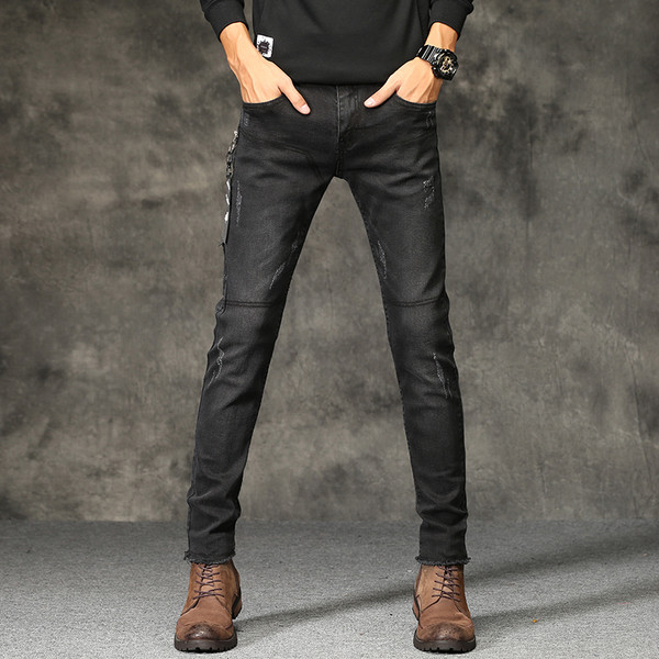 Blugi pentru bărbați de culoare neagră, cu fermoar lateral