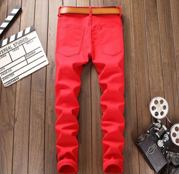 Blugi moderni pentru bărbați în roșu cu broderie colorată