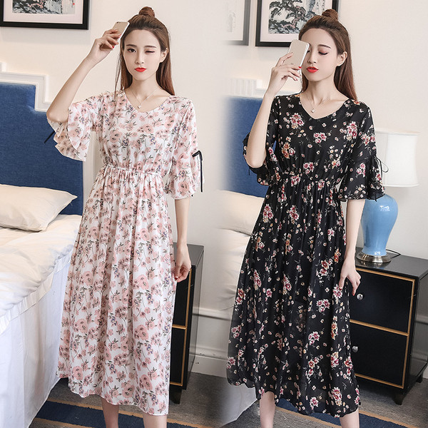 Rochie lunga cu maneca scurta pentru gravide cu motive florale in mai multe culori