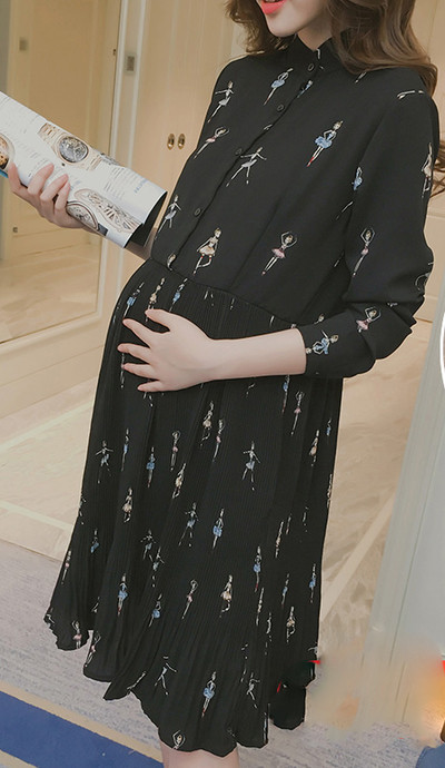 Rochie pentru gravide cu nasturi la guler si maneci lungi in mai multe culori