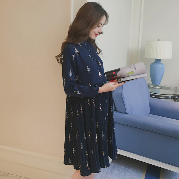 Rochie pentru gravide cu nasturi la guler si maneci lungi in mai multe culori