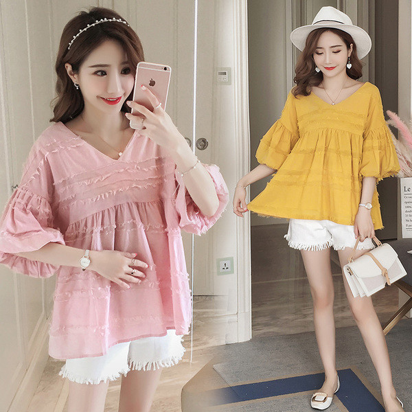 Cămașă pentru gravide cu mâneci largi în două culori roz/galben