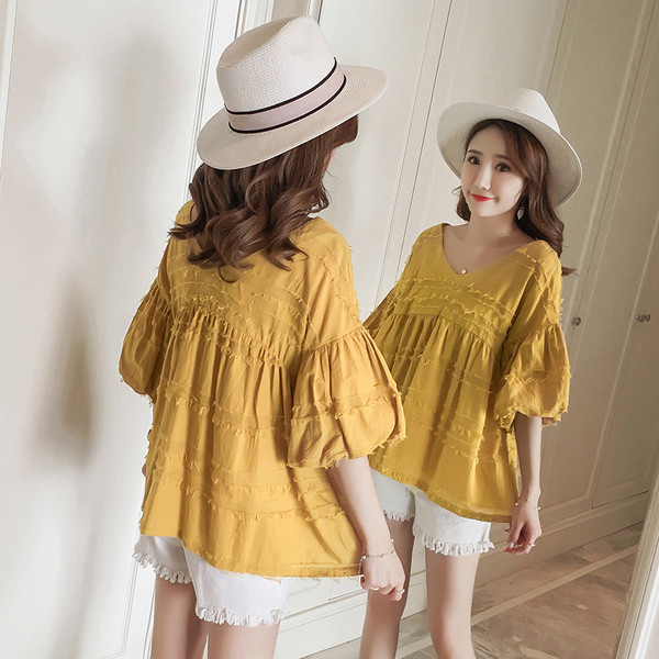 Cămașă pentru gravide cu mâneci largi în două culori roz/galben