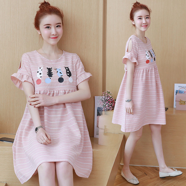 Rochie in dungi cu imprimeu de pisoi cu maneca scurta pentru gravide in trei culori