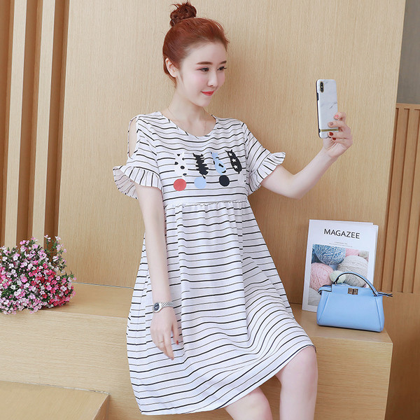 Rochie in dungi cu imprimeu de pisoi cu maneca scurta pentru gravide in trei culori