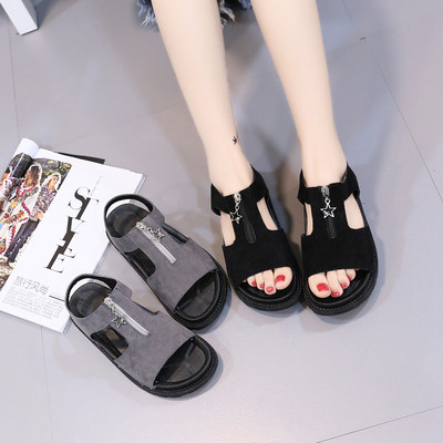 Дамски сандали велур - сив и черен цвят