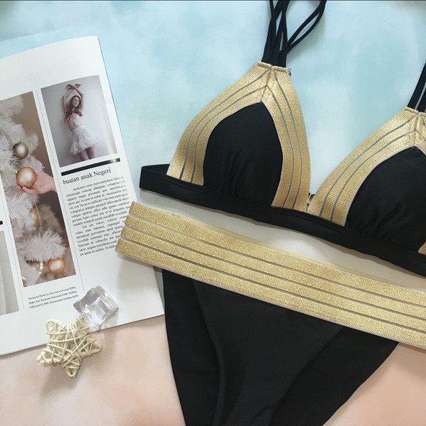 Costum de baie actual de damă din 2 părți cu nuanțe aurii - 2 modele