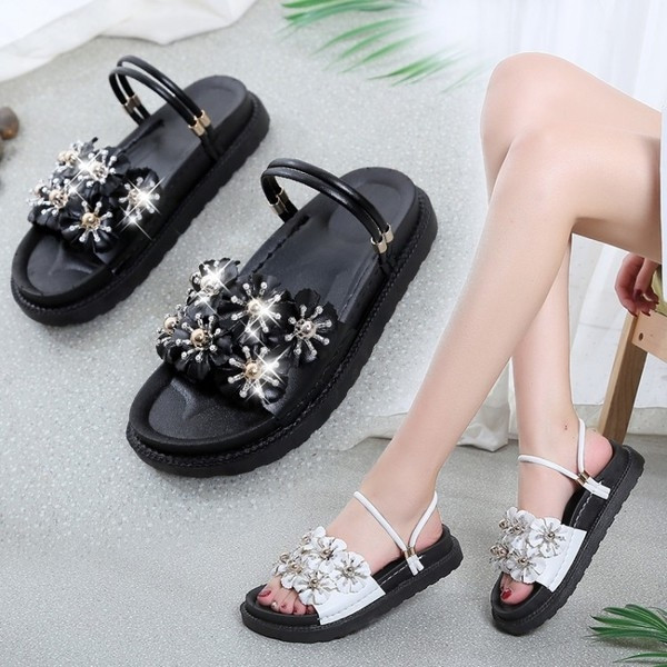 Sandale de damă cu decor 3D în alb. negru și roz