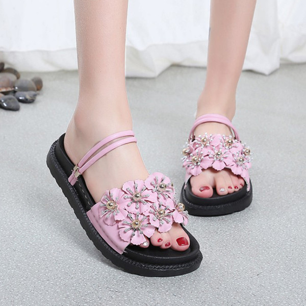 Sandale de damă cu decor 3D în alb. negru și roz