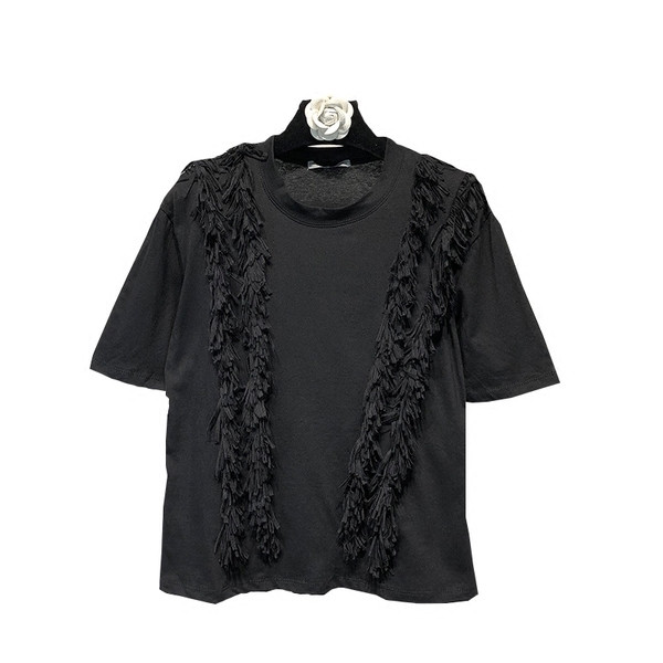 Tricou elegant de damă cu guler polo și franjuri, de culoare neagră