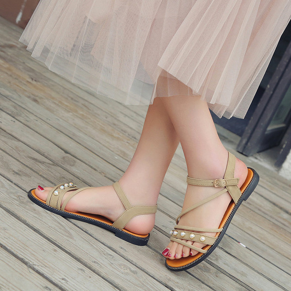 Sandale casual de dama cu decor de perle in trei culori