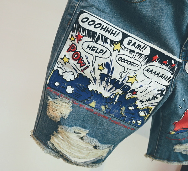 Къси мъжки дънки разкъсани с щампа