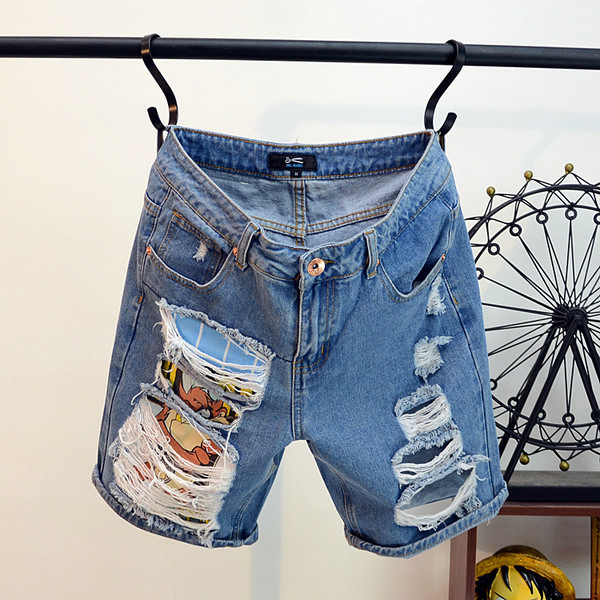 Къси мъжки дънки разкъсани с щампа