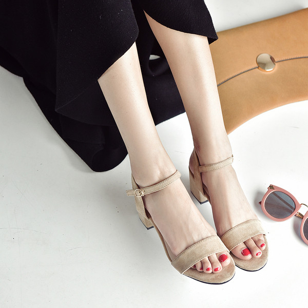 Sandale casual dama din piele intoarsa cu toc mic gros - trei culori