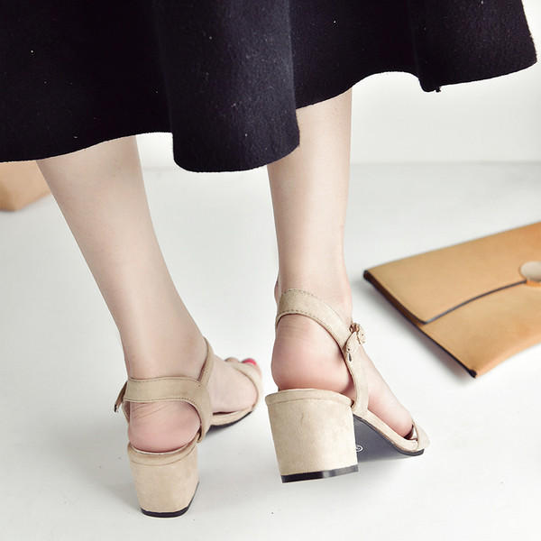 Sandale casual dama din piele intoarsa cu toc mic gros - trei culori