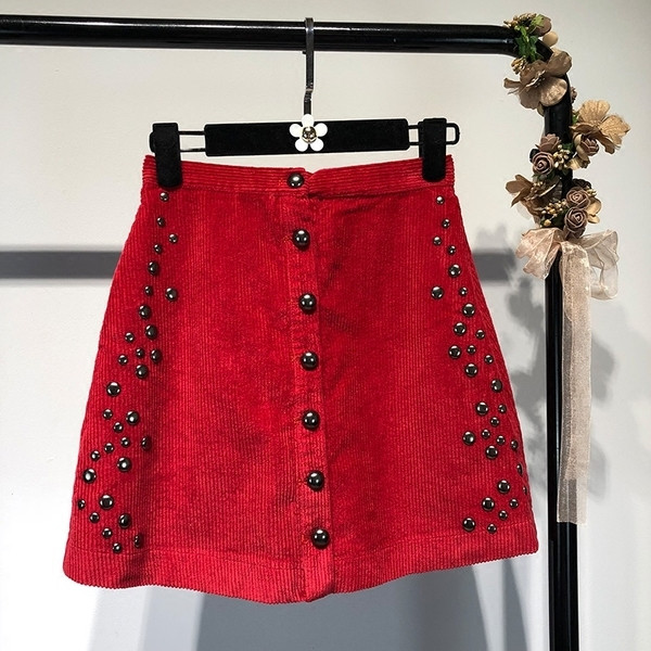 Fusta de dama eleganta in rosu si albastru cu decor cu nituri