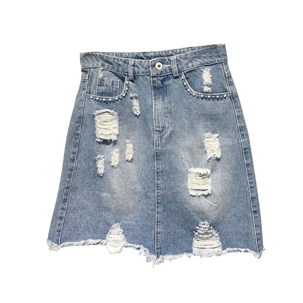 Fusta de dama din denim moderna cu motive rupte si talie inalta