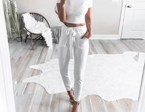 Pantaloni de dama in mai multe culori cu talie inalta si panglica