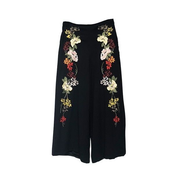 Pantaloni largi dama sport-eleganti in negru cu broderie