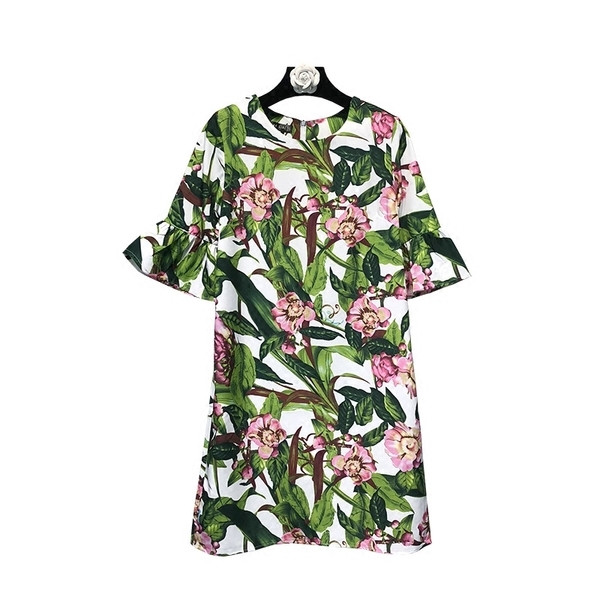 Rochie de dama moderna de vara cu maneci croiate 3/4, in motiv floral