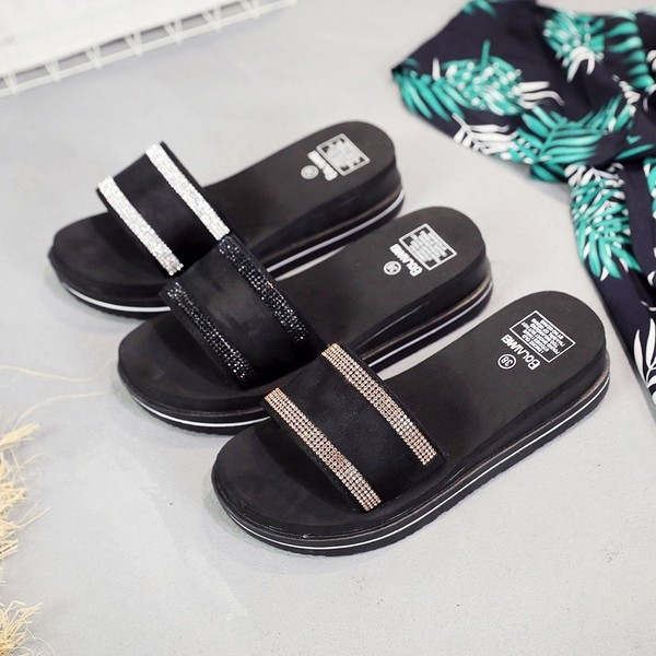 Papuci de damă cu talpă plată pe platformă - trei culori cu pietre decorative