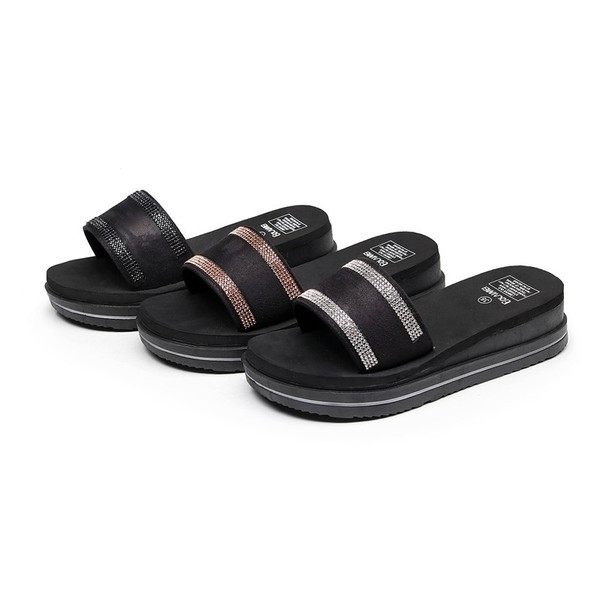 Papuci de damă cu talpă plată pe platformă - trei culori cu pietre decorative