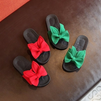 Детски чехли за момичета с панделка в червен и зелен цвят