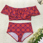 Női fürdőruha két részből - bikini magas derékkal és érdekes felsővel, nyomtatással
