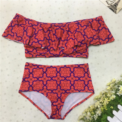 Női fürdőruha két részből - bikini magas derékkal és érdekes felsővel, nyomtatással