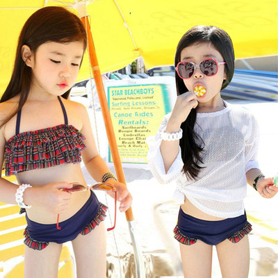 Stylish children`s set for girls in three parts - blouse and swimsuit in two parts