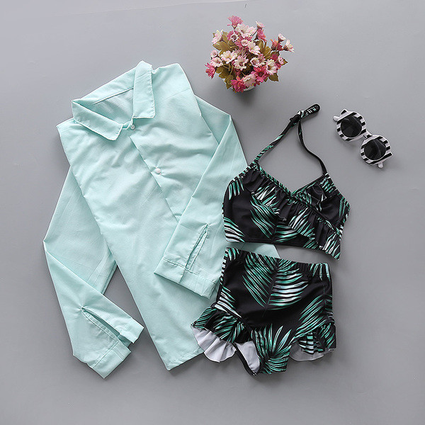 Стилен детски сет - бански във флорален мотив от две части и риза