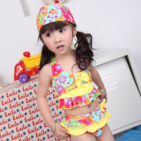 Costum de baie pentru fete pentru copii din două părți cu pălărie în două culori