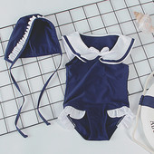 Детски цял бански за момичета в син цвят с яка и шапка