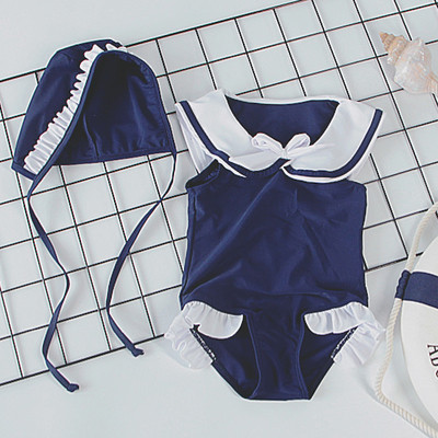 Детски цял бански за момичета в син цвят с яка и шапка