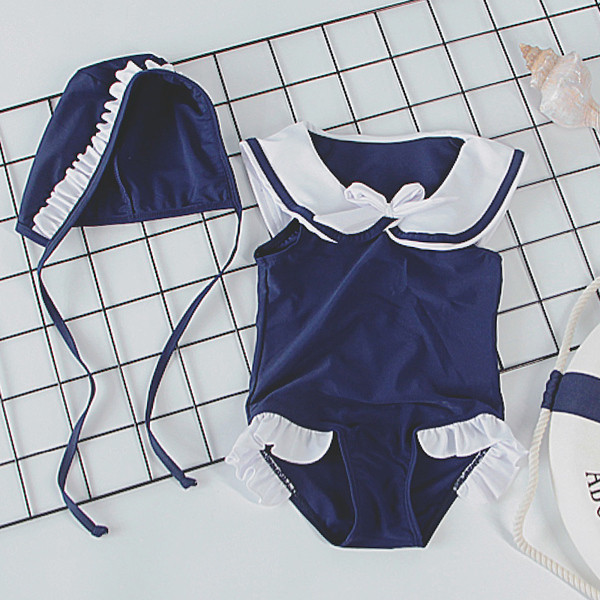 Детски цял бански за момичета в син цвят с яка и шапка