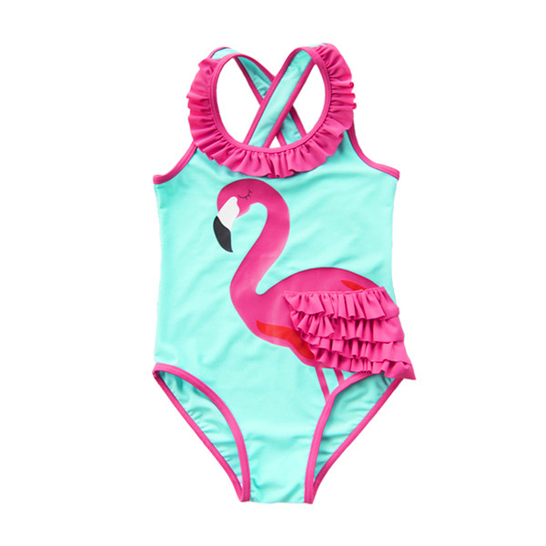 Модерен детски бански за момичета с апликация фламинго
