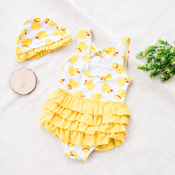 Costum de baie casual pentru copii pentru fete cu imprimeu si palarie