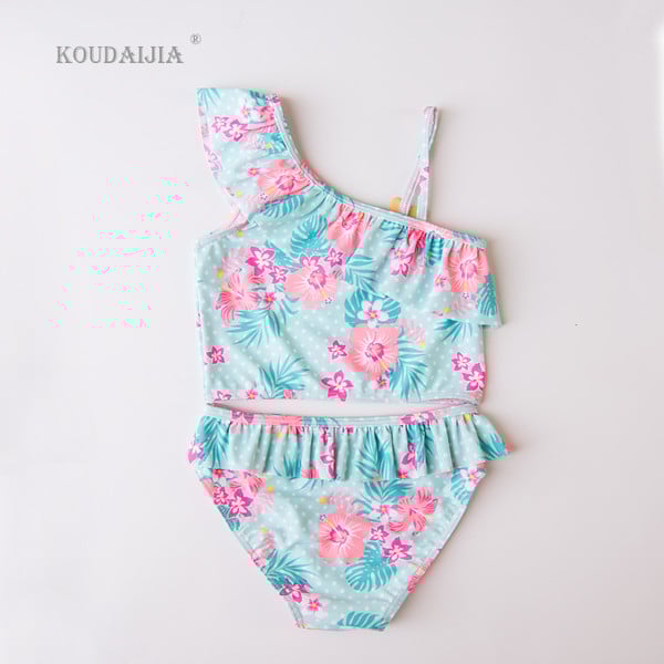 Costum de baie pentru copii elegant pentru fete în două părți - bikini și maiou cu imprimeu