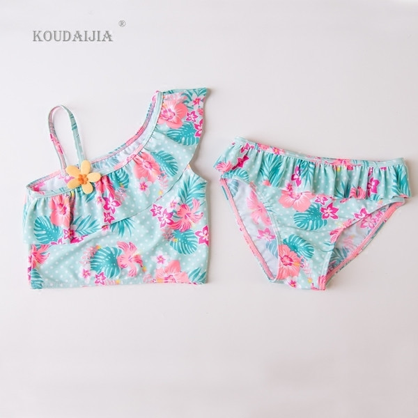 Costum de baie pentru copii elegant pentru fete în două părți - bikini și maiou cu imprimeu