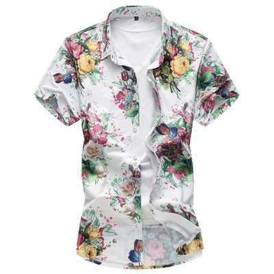 Men`s summer shirt with floral motifs in black and white