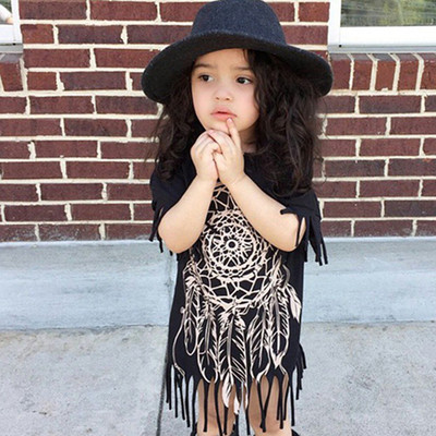 Детска модерна рокля с етно мотив и ресни