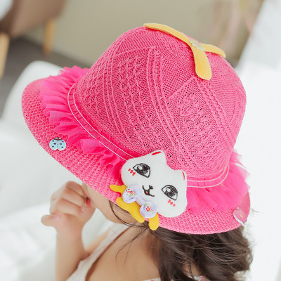 Children`s straw hat with a kitten in different colors