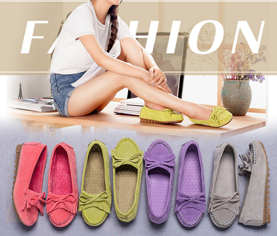 Comfortable casual women`s moccasins made of faux leather with ribbon and fringe in four colors