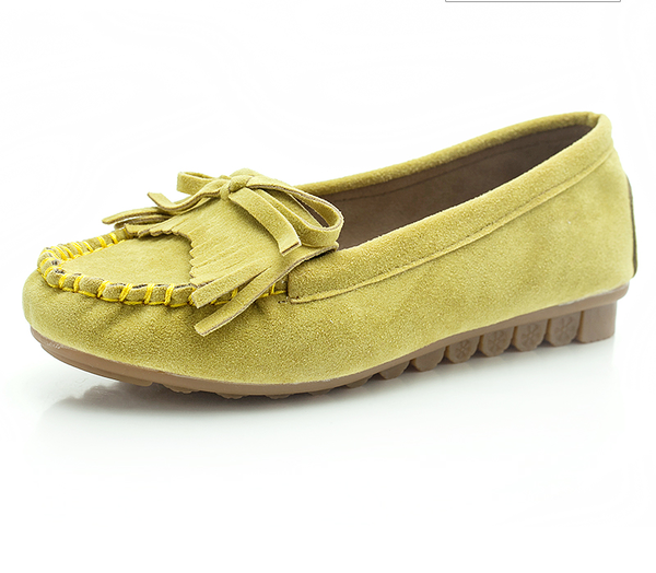 Mocasini confortabili de dama casual din imitatie de piele cu panglica si franjuri in patru culori