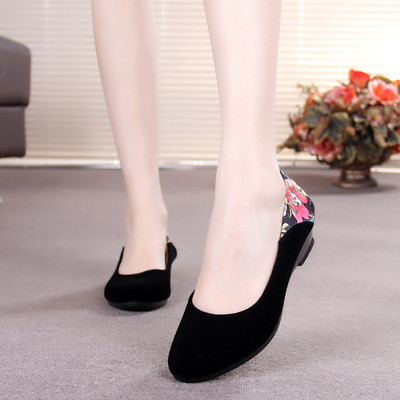 Suede women`s casual shoes with light heels and floral motifs in three colors